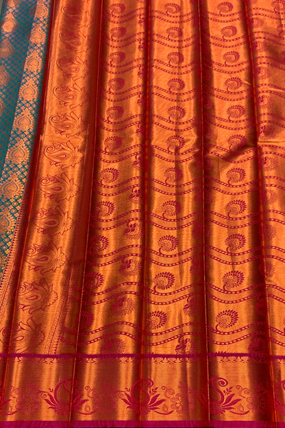 Vegan Silk Saree Peacock Green Colour with Pink and Copper Border