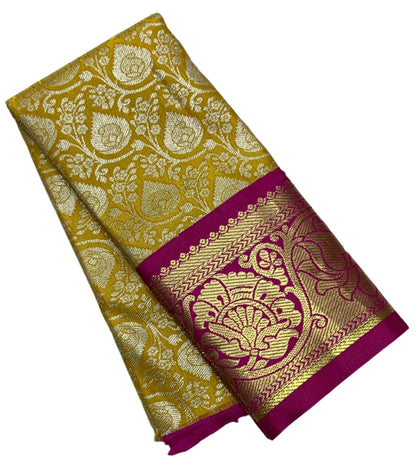 Mustard Shade Vegan Silk Kids Pattu Pavadai with Contrast Border for Newborn to 2 Years