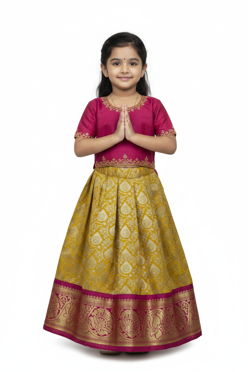 Mustard Shade Vegan Silk Kids Pattu Pavadai with Contrast Border for Newborn to 2 Years