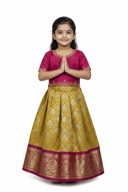 Mustard Shade Vegan Silk Kids Pattu Pavadai with Contrast Border for Newborn to 2 Years