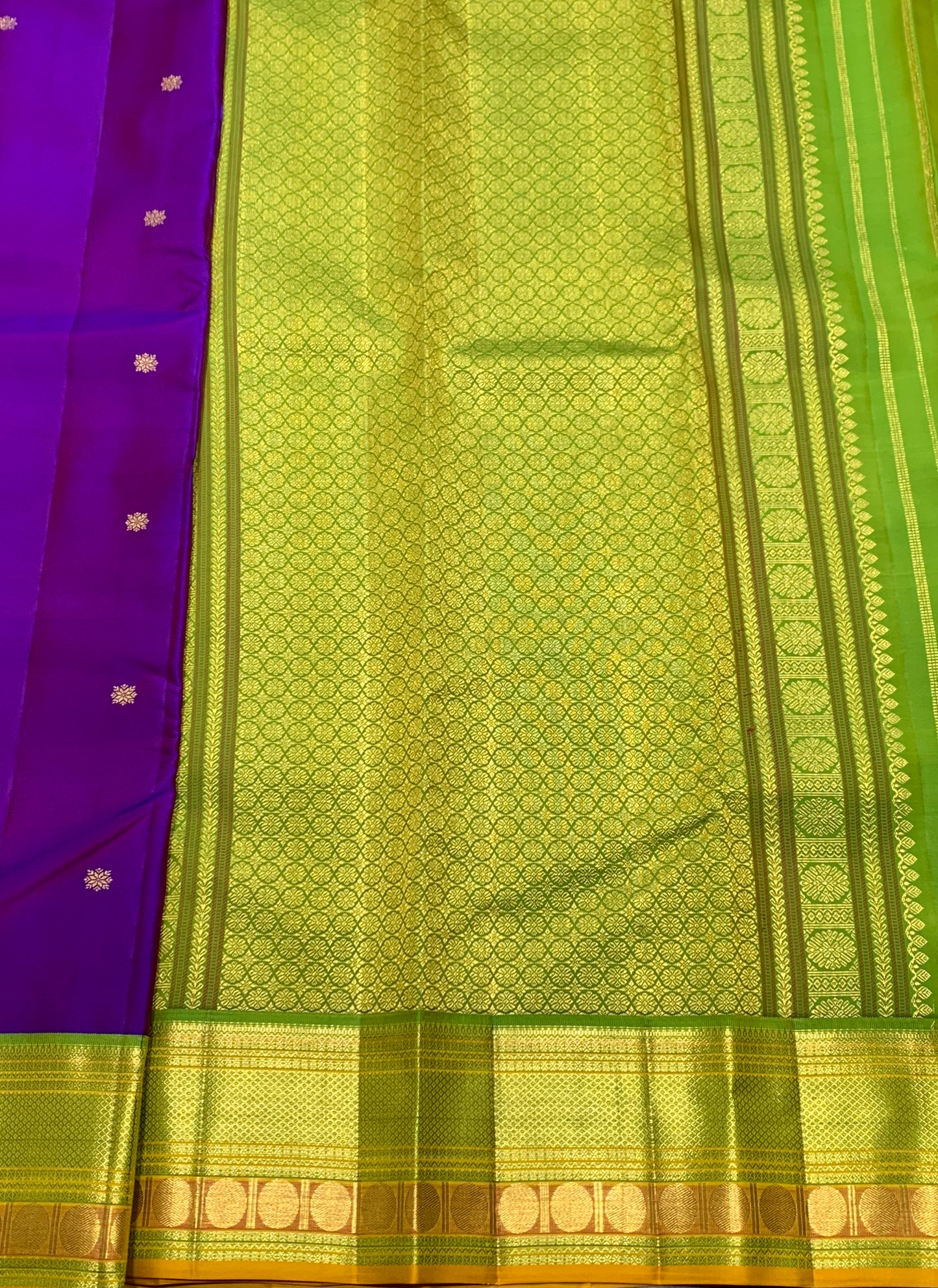 Pure Kanchipuram Silk Purple Colour with Lime Green and Golden Zari Border