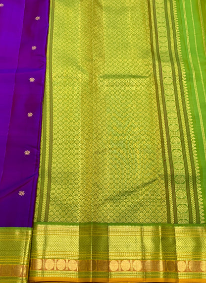 Pure Kanchipuram Silk Purple Colour with Lime Green and Golden Zari Border