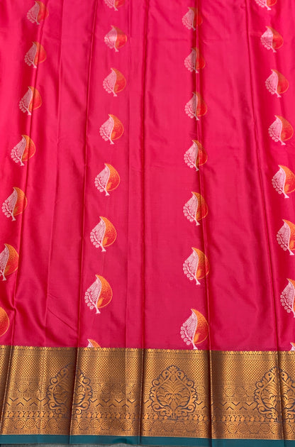 Soft Silk Casual Saree Tomato Pink Colour with Rama Green Colour Border