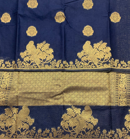 Kora Silk Saree Blue Colour with Flower and Parrot Design Border