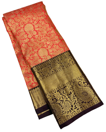 Peach Colour Semi Silk Saree with Big Brown Border