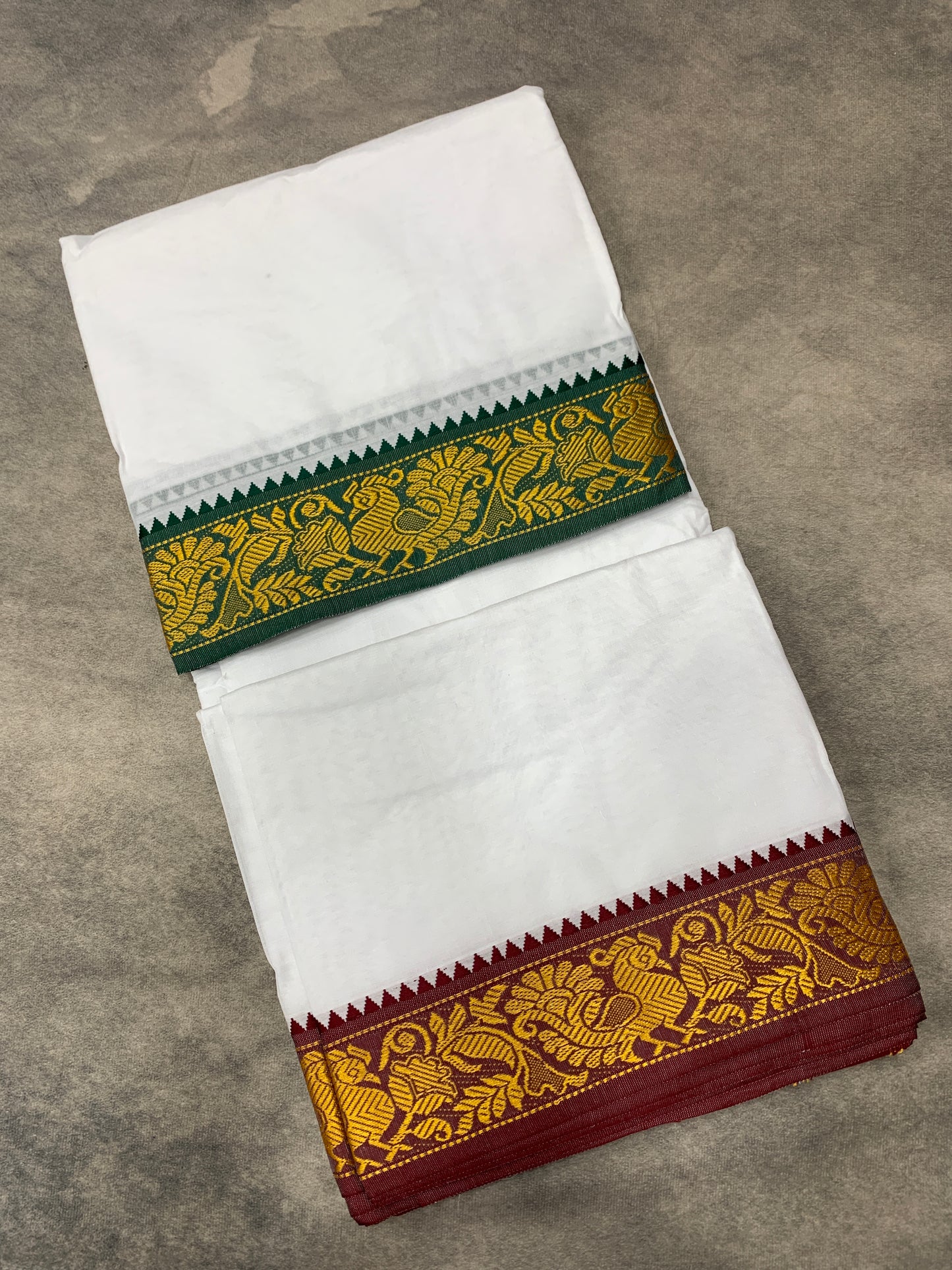 9X6 Cotton Dhoti White Colour with Green and Maroon Border with Angavastram