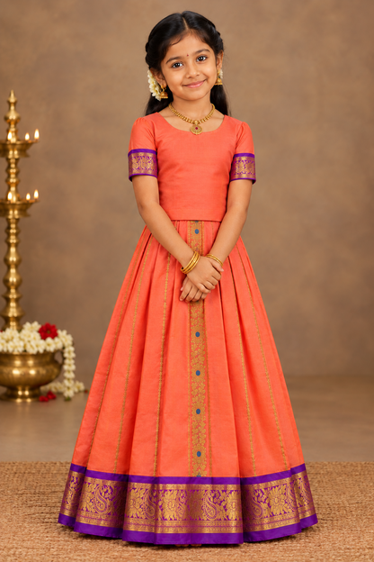 Peach shade Semi Silk Kids Pattu Pavadai with Contrast border for age above 10 years