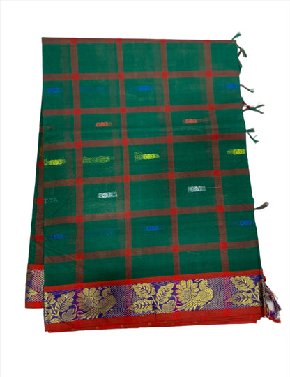 Chettinad Cotton Saree Dark Green Shade with Blue Border