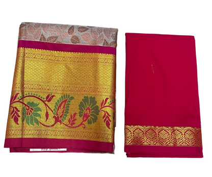 Sliver Colour Vegan Silk Half Saree Contrast Border for age above 10 years