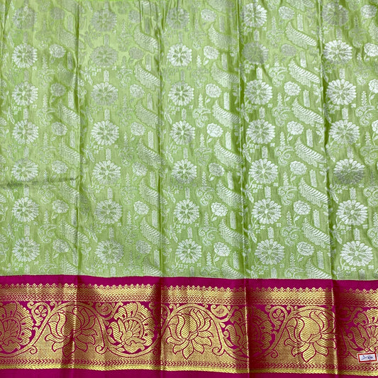 Pista Green Shade Vegan Silk Kids Pattu Pavadai with Contrast Border for Newborn to 2 Years