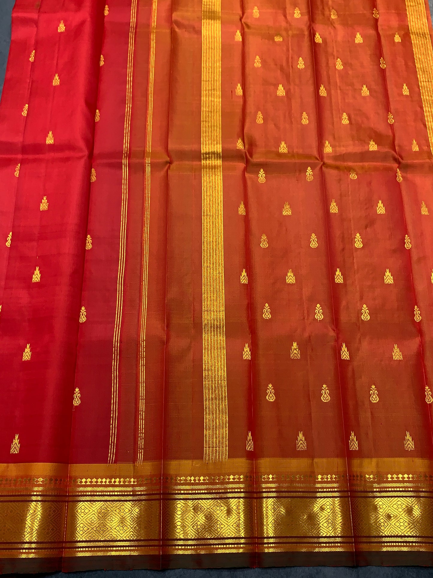 Pure Kanchipuram Silk Saree Red Colour with Green and Gold Zari Border