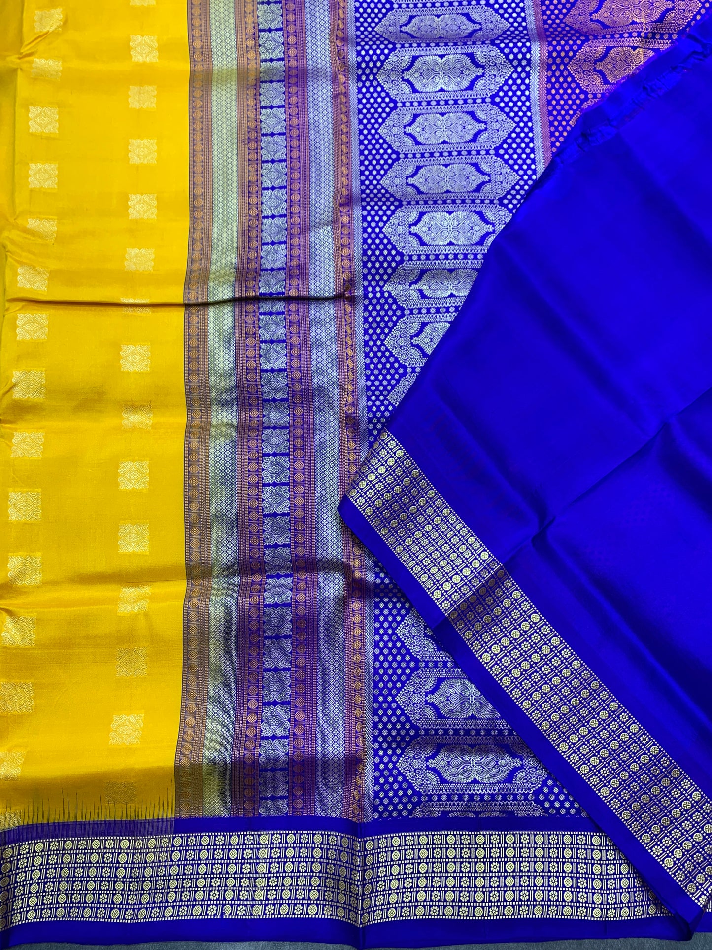 Pure Kanchipuram Silk Yellow Colour with Royal Blue Colour Border