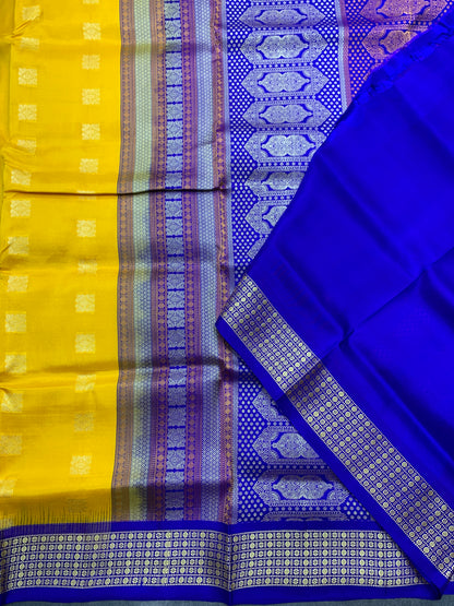 Pure Kanchipuram Silk Yellow Colour with Royal Blue Colour Border