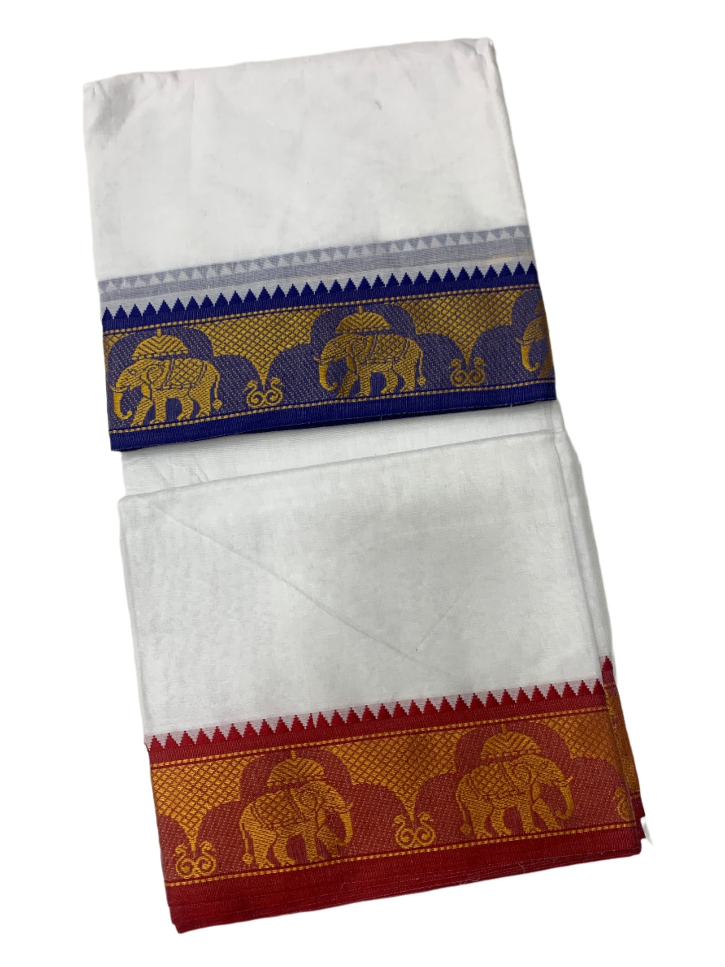 9X5 Cotton Dhoti White Blue and Red Border with Angavastram