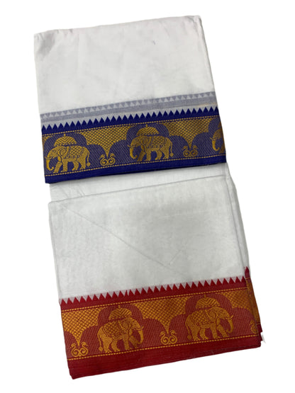 9X5 Cotton Dhoti White Blue and Red Border with Angavastram