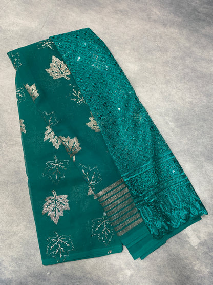 Rama Green Colour Saree with Golden Colour border