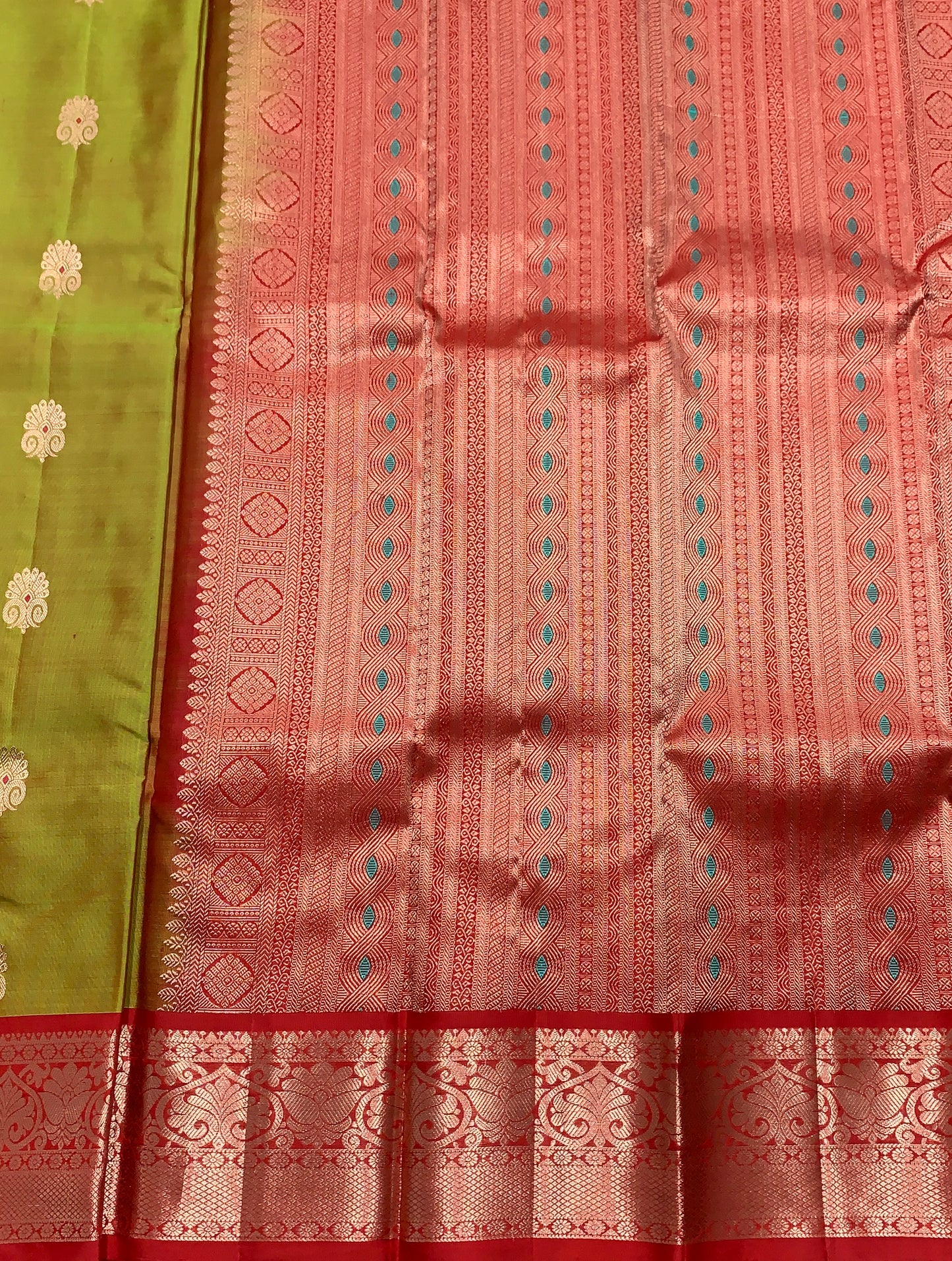 Pure Kanchipuram Silk Saree Primarily Olive Green Colour With Red Border in
