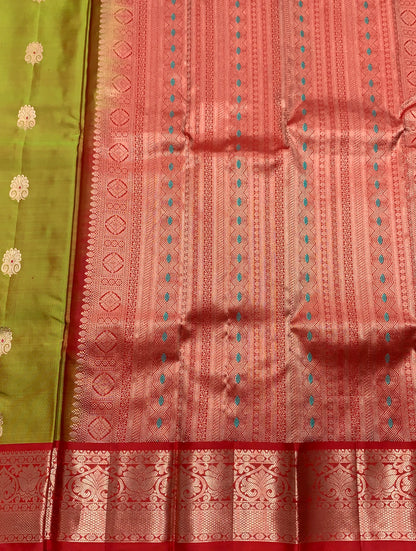 Pure Kanchipuram Silk Saree Primarily Olive Green Colour With Red Border in