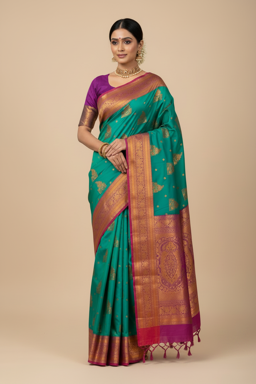 Soft Silk Casual Saree Rama Green Colour with Pink and Golden Colour Border