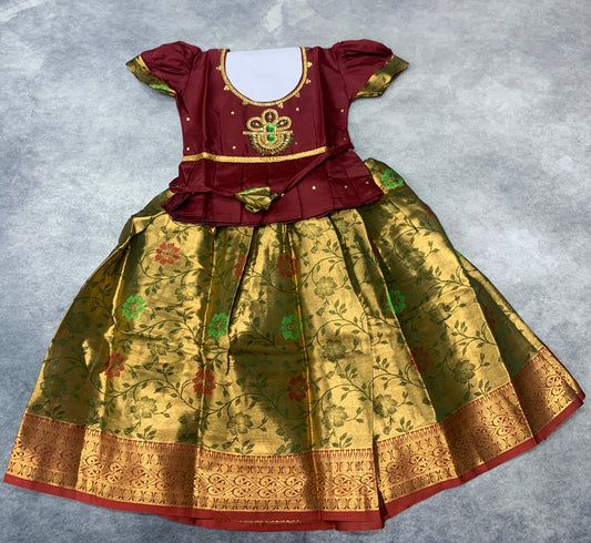 Ready To Wear Golden Green Pavadai with Contrast Brown Blouse