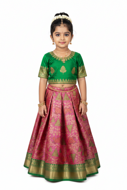 Pink Shade Vegan Silk Kids Pattu Pavadai with Contrast Border for Newborn to 2 Years