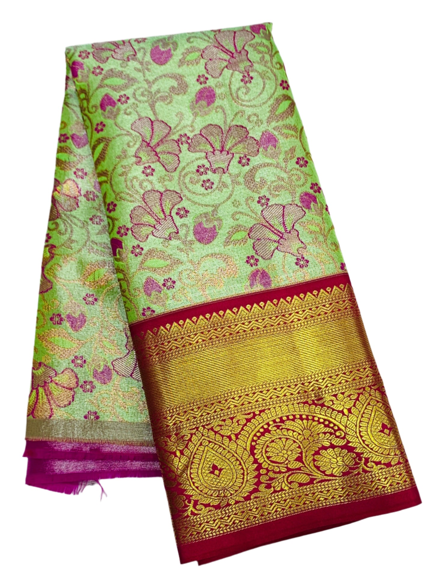 Light Apple Green Shade Vegan Silk Kids Pattu Pavadai with Contrast border for age 2 to 5