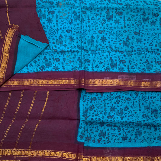 Chettinad Sungudi Cotton Sky Blue Colour with Magenta Border