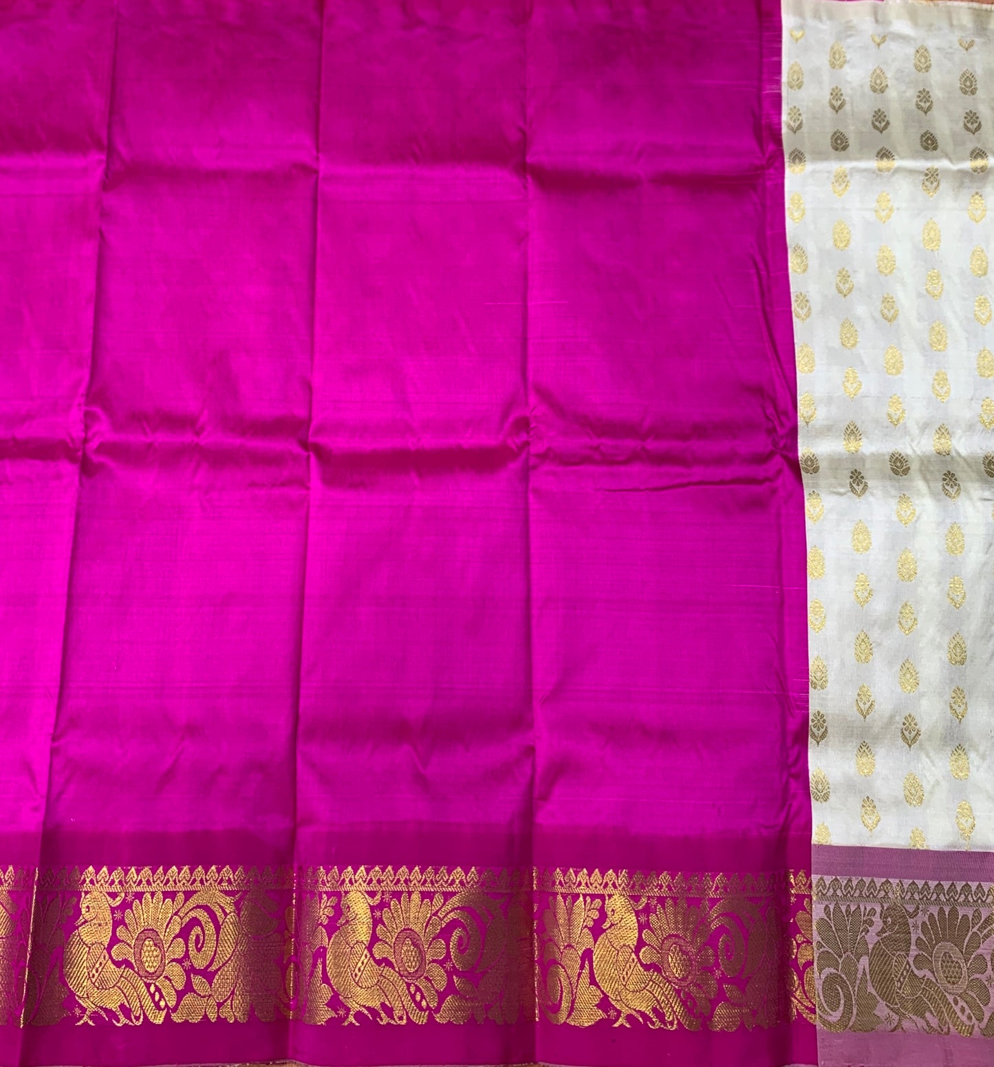 White shade Pure kanchipuram Kids Pattu Pavadai with contrast border for newborn to 2 Years