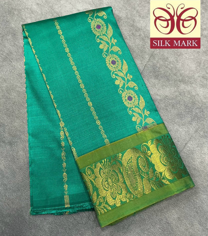 Green Shade Pure Kanchipuram Kids Pattu Pavadai with Contrast Border for Newborn to 2 Years