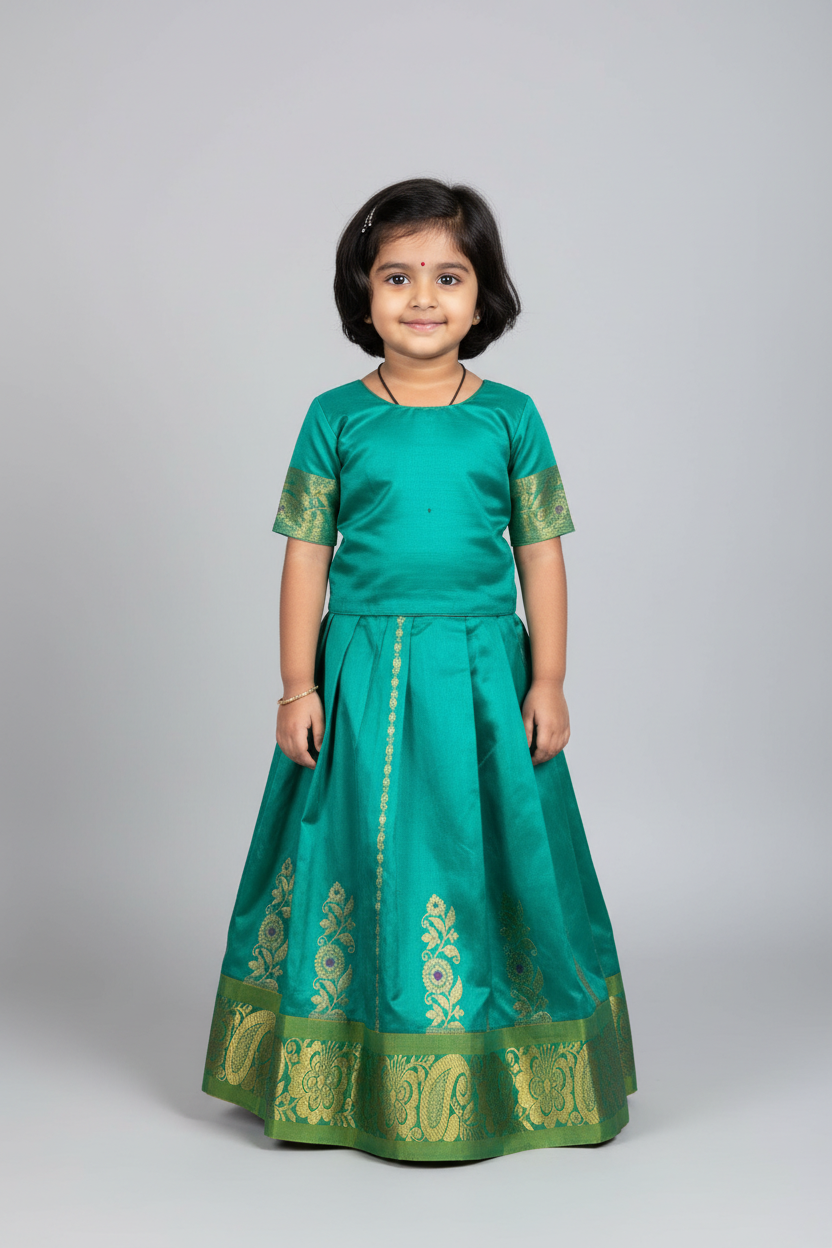 Green Shade Pure Kanchipuram Kids Pattu Pavadai with Contrast Border for Newborn to 2 Years