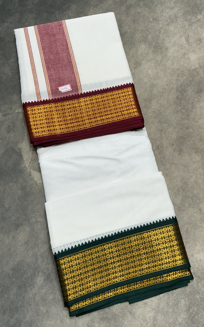 10X6 Cotton Dhoti White Colour with Large Maroon and Green Border