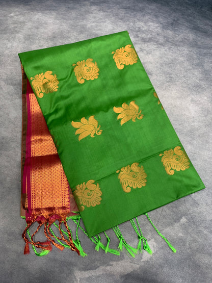 Soft Vegan Silk Saree Light Green Colour with Light Brown and Copper Border