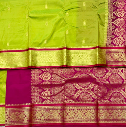 French Lime Shade Saree with Golden and Pink Border