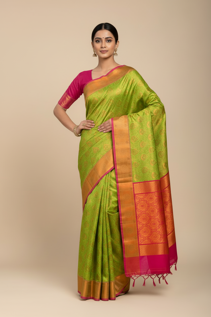 Vegan Silk Saree Apple Green Colour with Copper and Pink Border