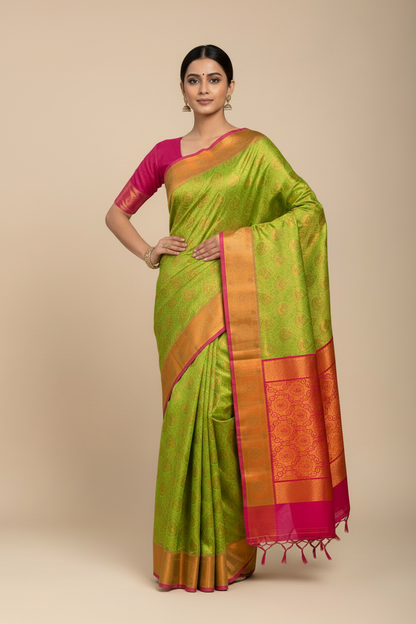 Vegan Silk Saree Apple Green Colour with Copper and Pink Border