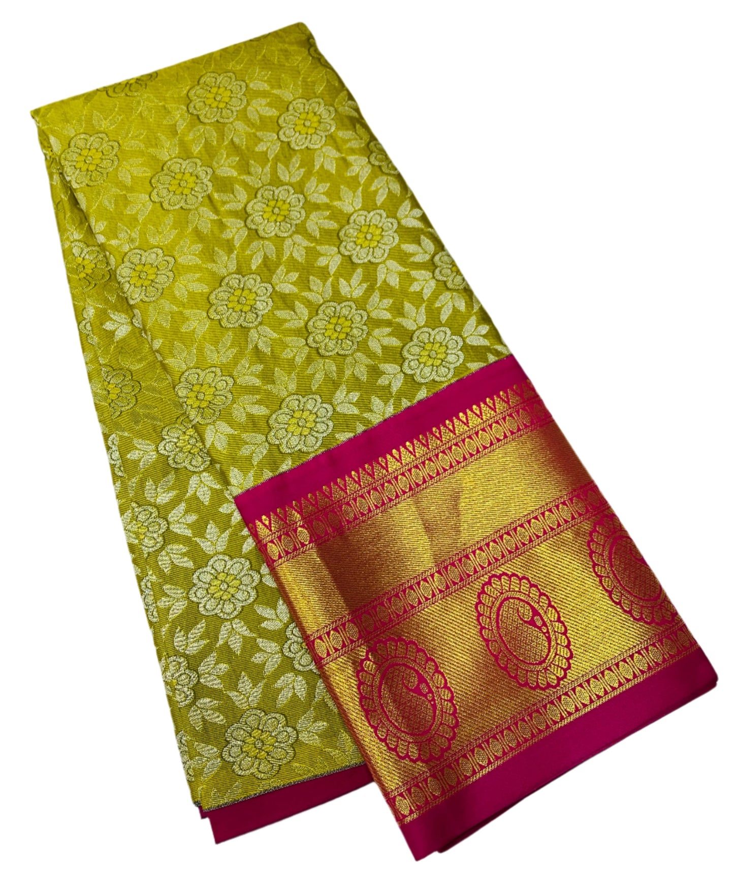 Yellow Green shade Vegan Silk Kids Pattu Pavadai with contrast border for age 5 to 10