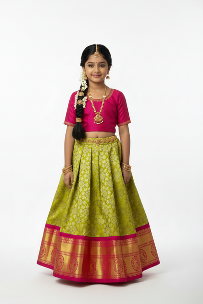 Yellow Green shade Vegan Silk Kids Pattu Pavadai with contrast border for age 5 to 10