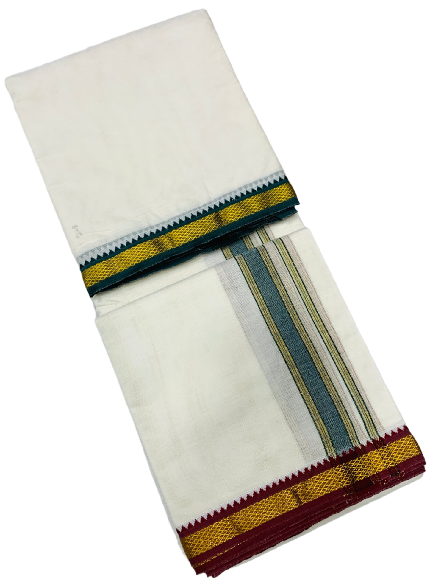 2X8 Cotton Dhoti Cream Colour with Green and Maroon Border