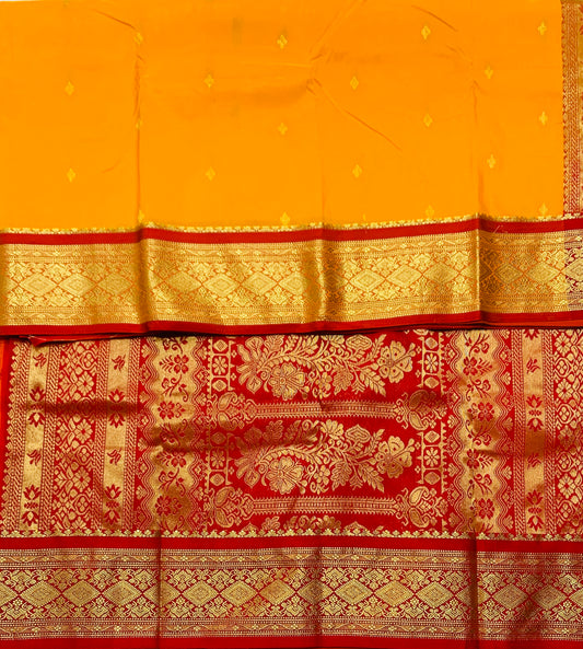 Mango Yellow Shade Saree with Golden and Red Border