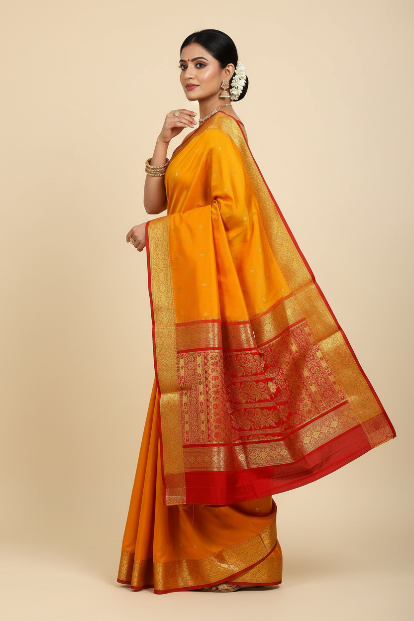 Mango Yellow Shade Saree with Golden and Red Border