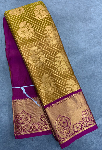 Vegan Silk Saree Mustard Colour with Pink and Copper Border