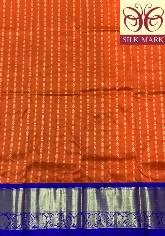 Orange shade Pure Kanchipuram Kids Pattu Pavadai with Contrast Border for age 5 to 10