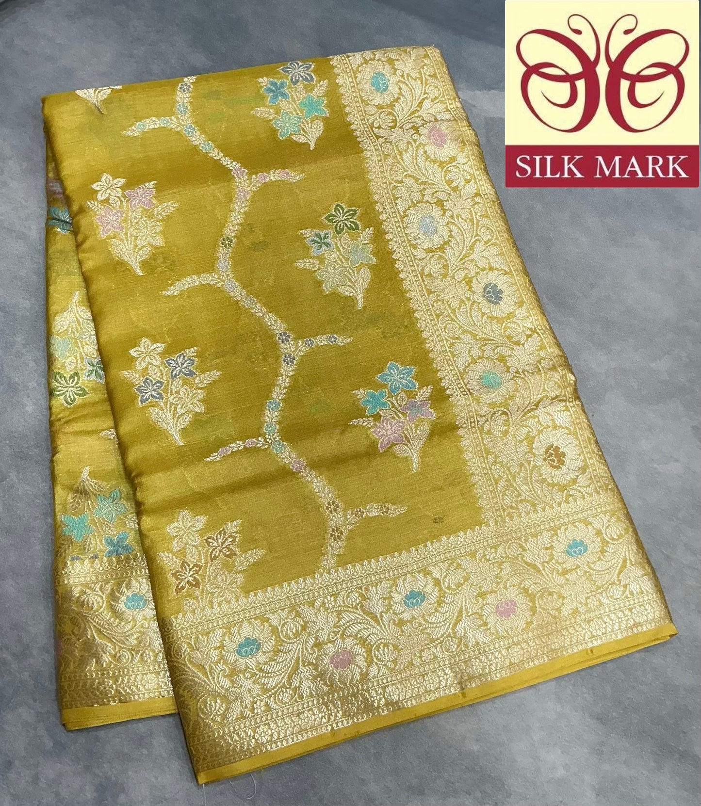 Pure Tussar Silk Saree Mustard Yellow Colour With Heavy Traditional Floral Zari Border