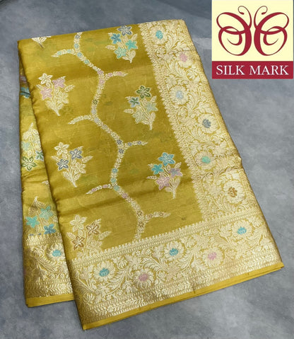 Pure Tussar Silk Saree Mustard Yellow Colour With Heavy Traditional Floral Zari Border