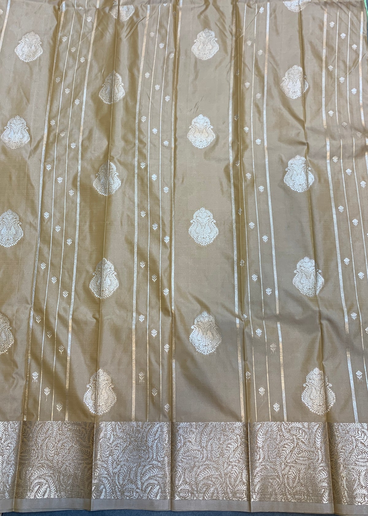 Soft Silk Casual Saree Antique Gold with Sliver Zari Border