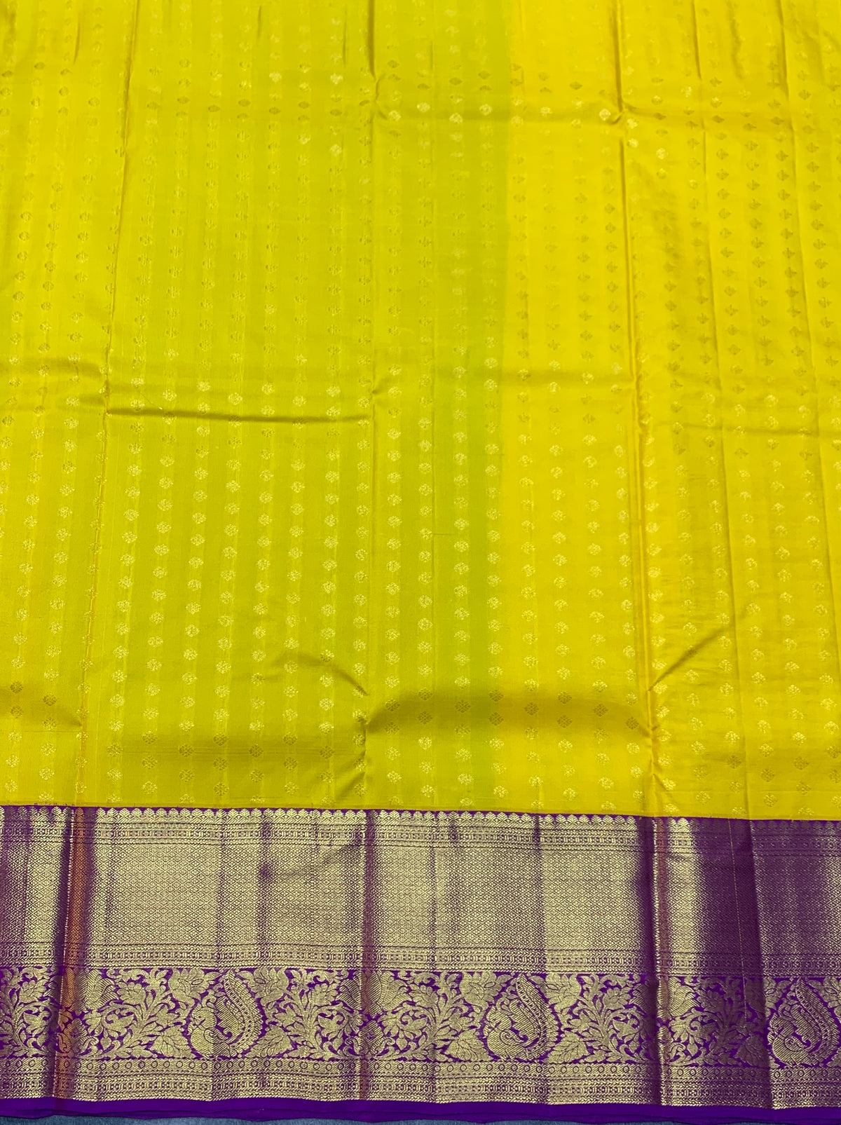 Yellow Shade Pure Kanchipuram Kids Pattu Pavadai with Contrast Border for Age Above 10 Years