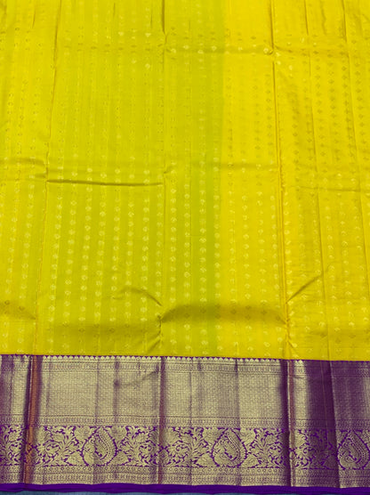 Yellow Shade Pure Kanchipuram Kids Pattu Pavadai with Contrast Border for Age Above 10 Years