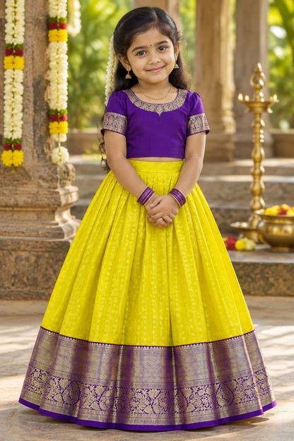 Yellow Shade Pure Kanchipuram Kids Pattu Pavadai with Contrast Border for Age Above 10 Years