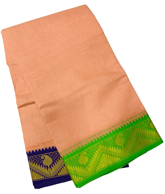 9X5 Cotton Dhoti Light Salmon Colour with Green and Blue Border