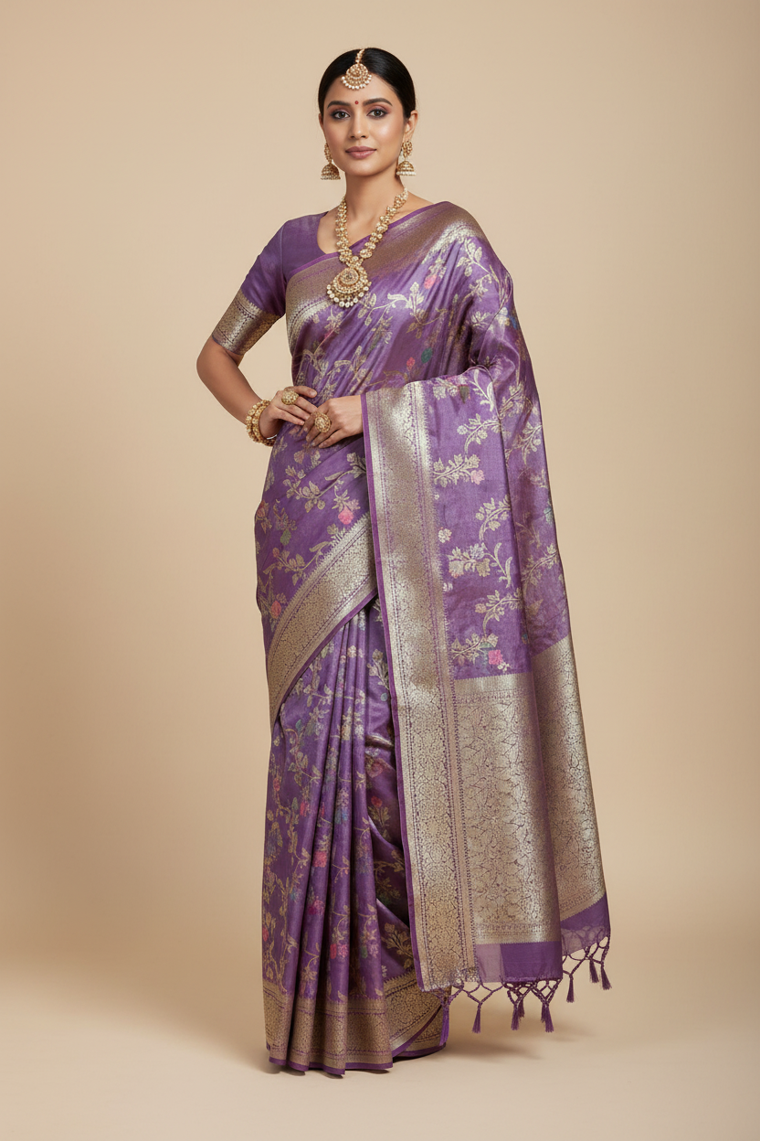 Meenakari Banaras Tissue Silk Saree Purple Colour